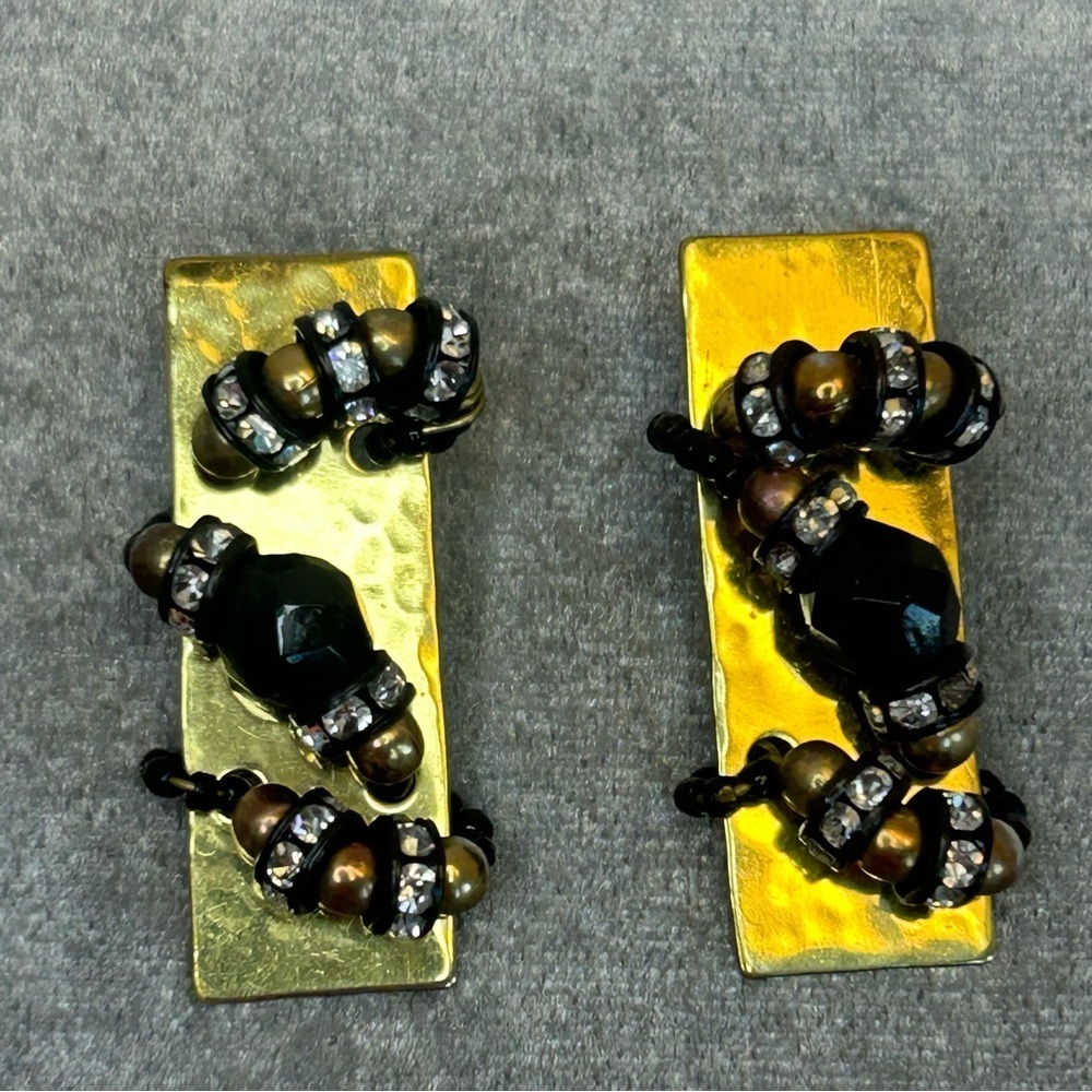 Hammered gold tone rectangular black bronze crystal rhinestone beaded earrings